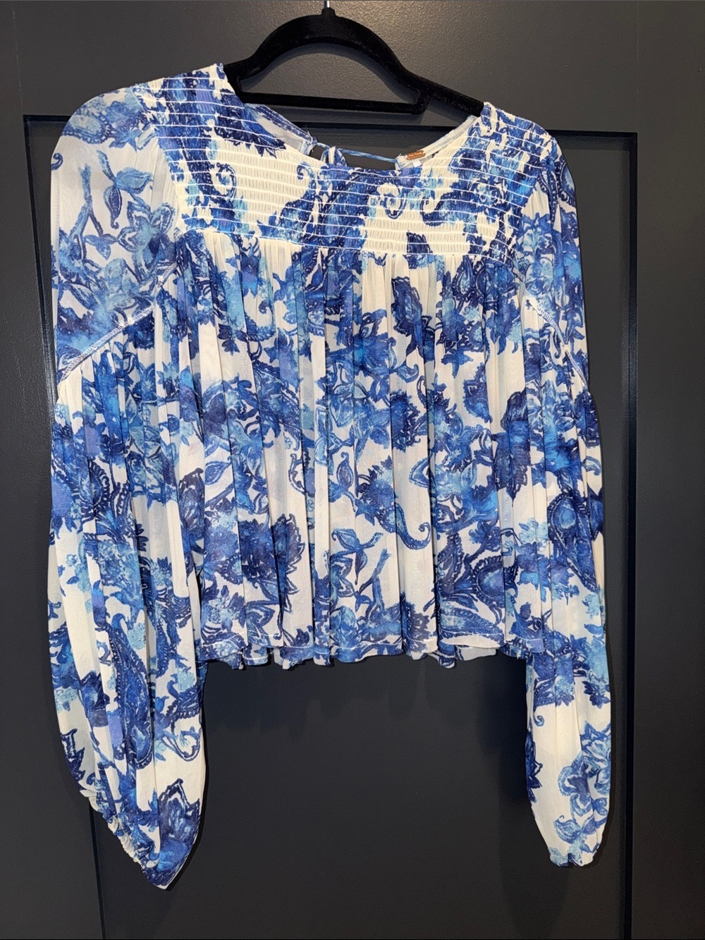 Free People Blue Floral Smocked Yoke Cropped Peasant Blouse